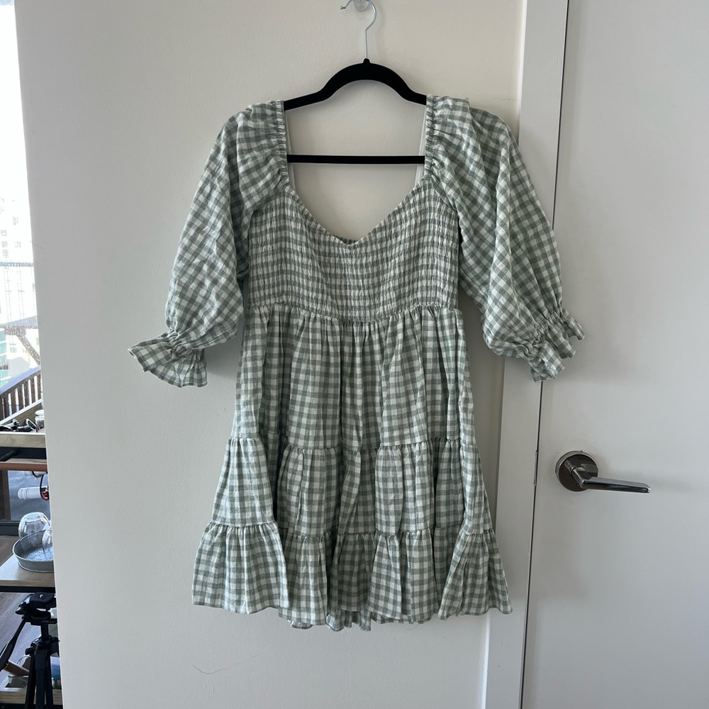 Green and White Gingham Puffy Dress